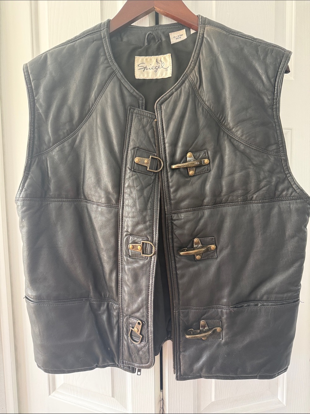 Vintage Spiegel Black Leather Vest with Brass Toggle Details